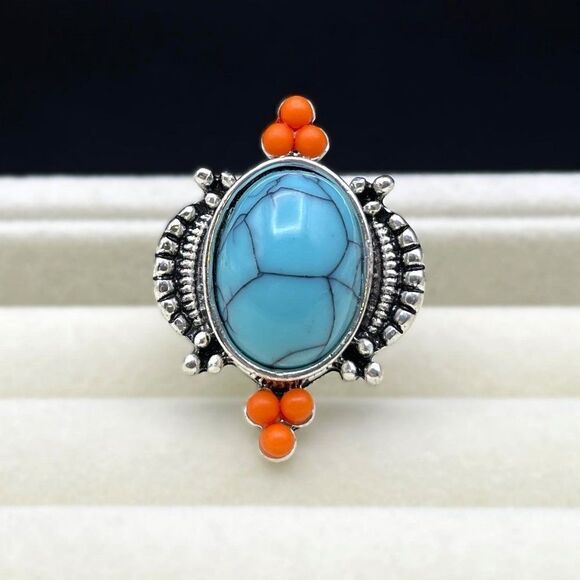 925 Sterling Silver with Turquoise and Enamel Boho Statement Ring Size 8 - Picture 2 of 9